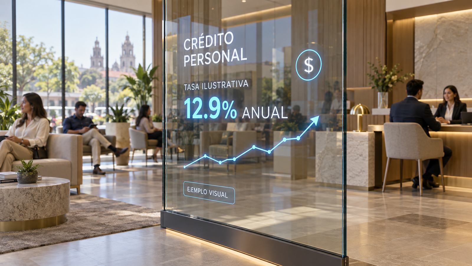 Mampara de vidrio con pantalla OLED transparente en la sala de atención de una sucursal bancaria