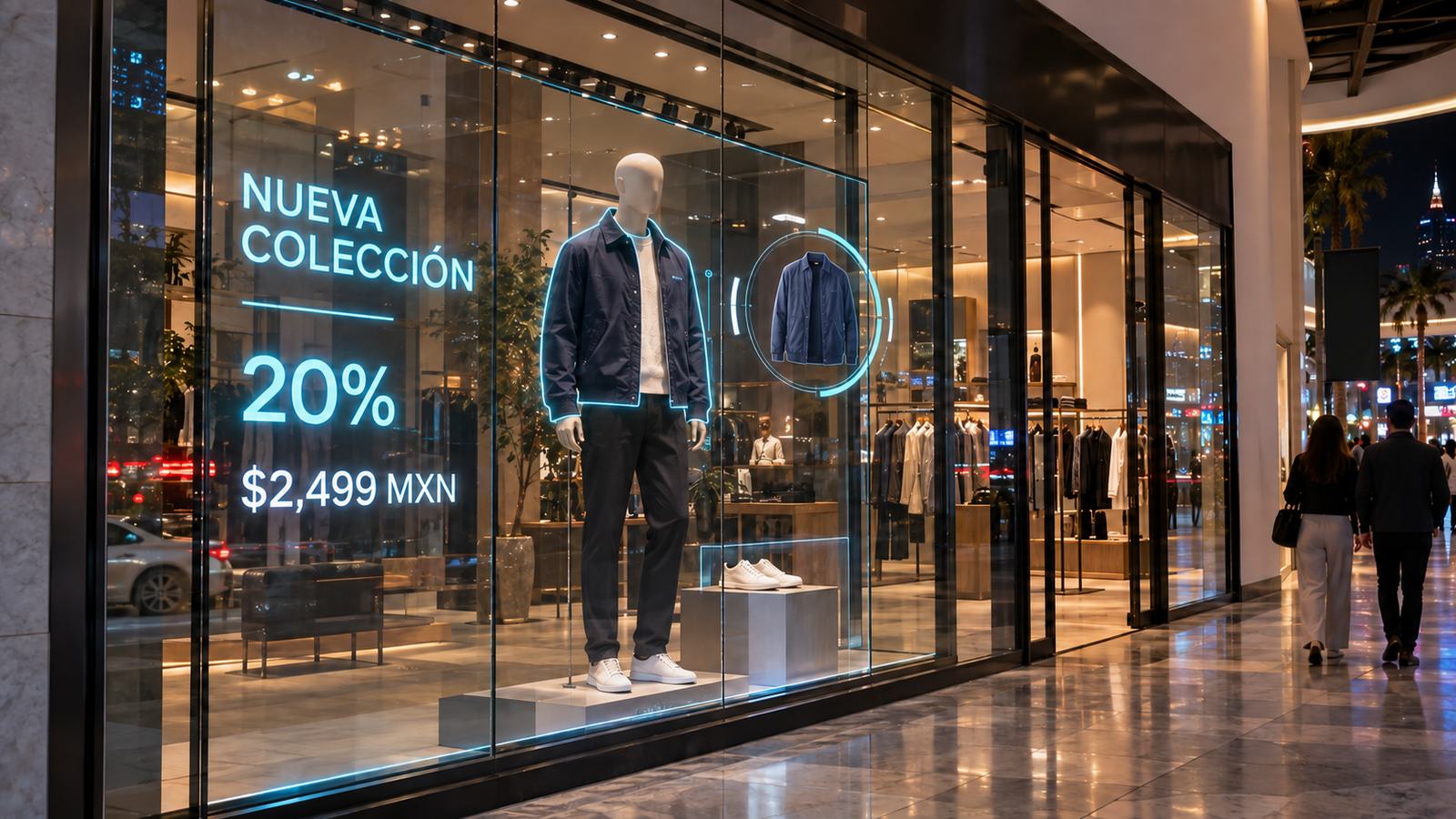 Escaparate de tienda con una pantalla OLED transparente mostrando una promoción sobre el cristal