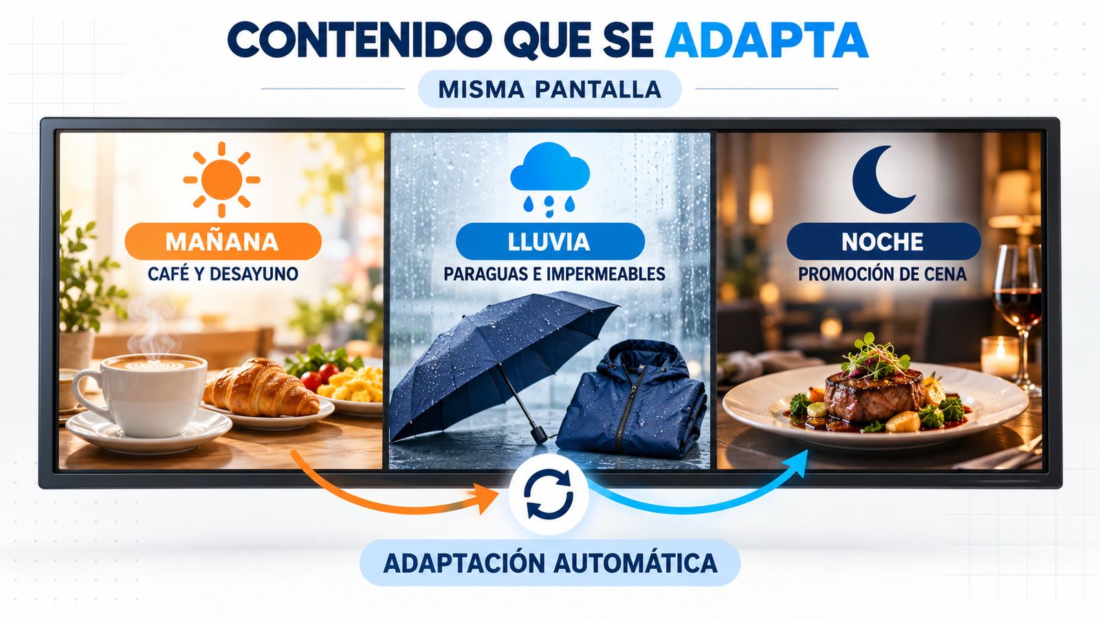 Una misma pantalla mostrando café por la mañana, paraguas cuando llueve y una promoción de cena por la noche