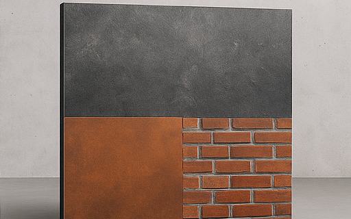 Panel Morphix con acabados de ladrillo rojo, corten oxidado y pizarra