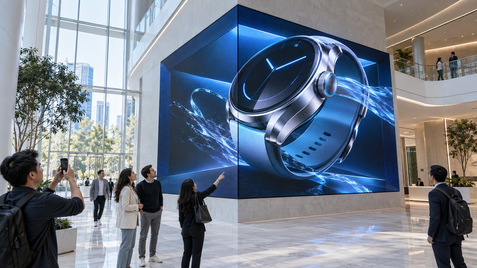 Pantalla LED en esquina de un vestíbulo con contenido 3D anamórfico de un reloj que parece salir de la pantalla