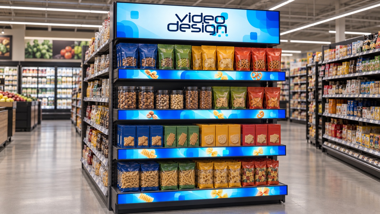 Cabecera de anaquel con pantalla superior y barras LED que ilustran el producto de cada repisa