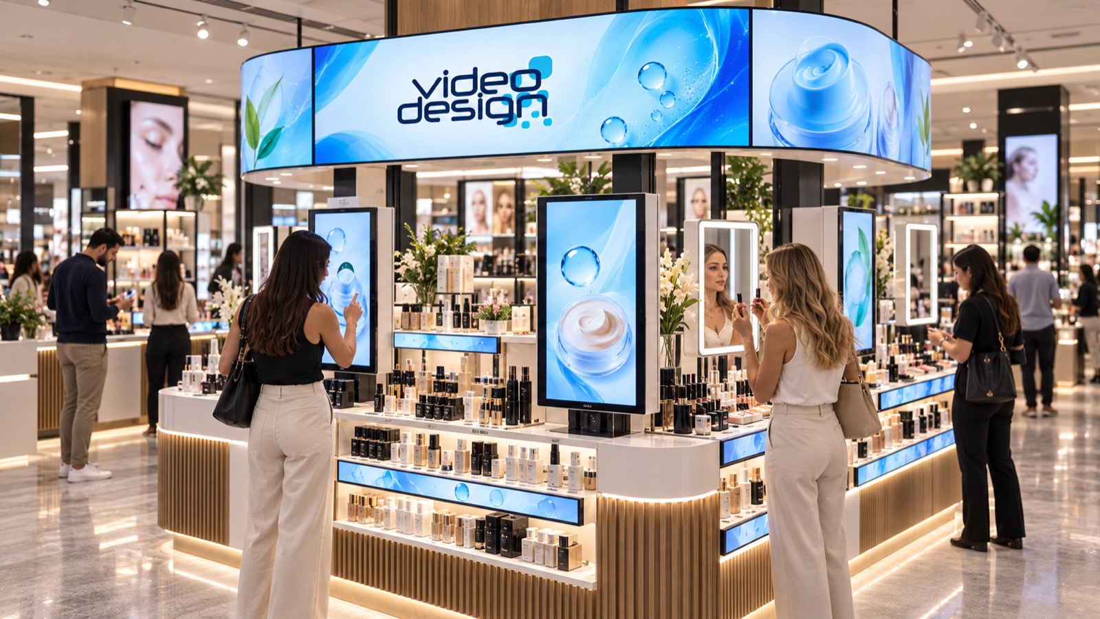 Isla de cosméticos con marquesina curva de LED y exhibidores digitales en los mostradores