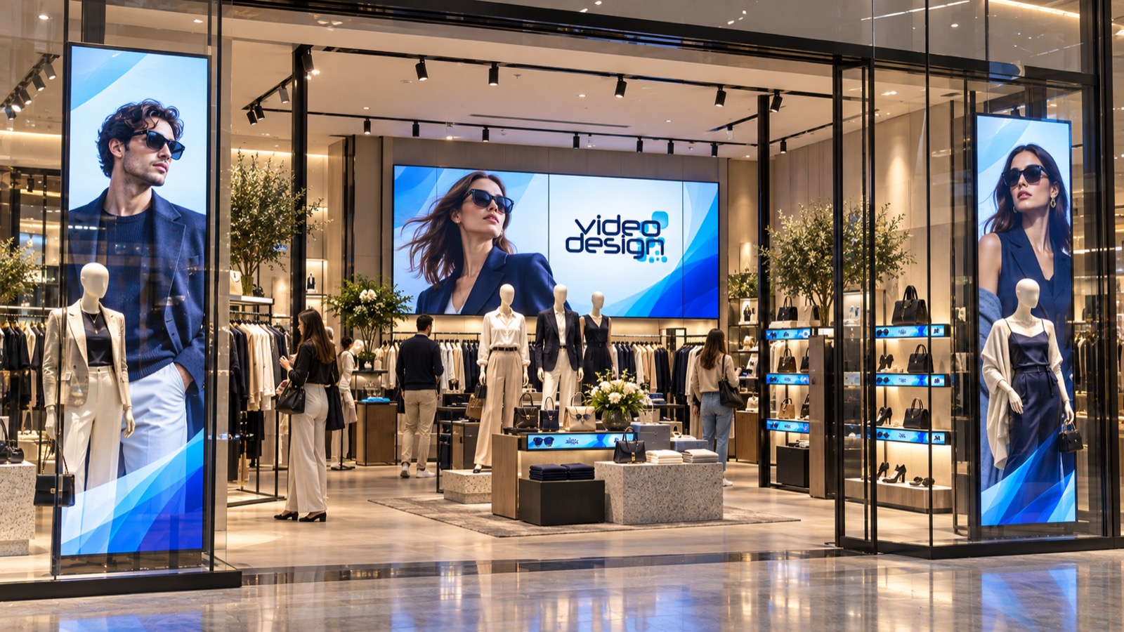 Tienda de moda con pantallas verticales en el escaparate y un videowall al fondo