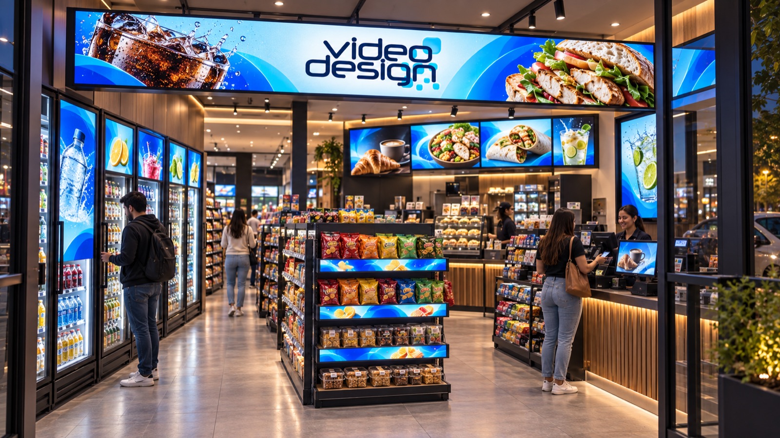 Tienda de conveniencia con marquesina LED, menú digital y pantallas en las puertas de refrigeradores