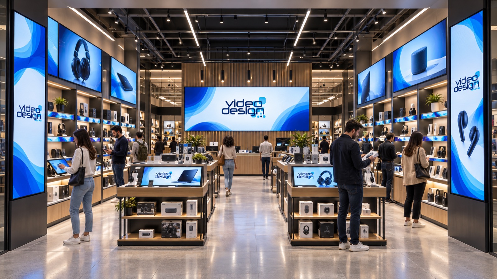 Tienda de electrónica con pantallas en muros, videowall central y pantallas en los exhibidores