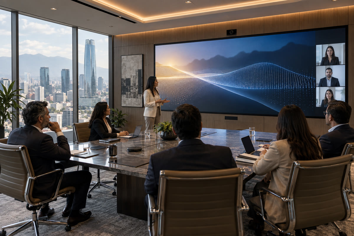 Muro LED permanente de paso fino integrado en una sala de consejo corporativa
