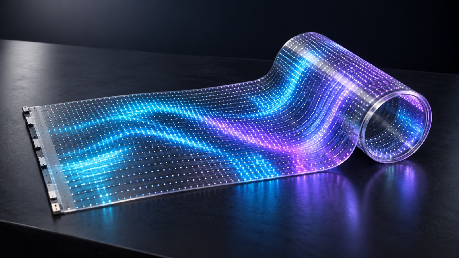 Película LED transparente instalada sobre el cristal curvo de una tienda, dejando ver el interior